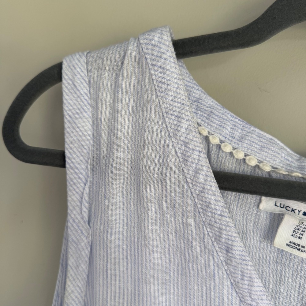 Lucky Brand 100% Linen Dress Blue Striped Tiered Skirt V-Neck Sleeveless Beachy - Picture 4 of 11